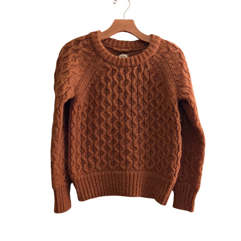 Wilfred Aritzia Warm Cinnamon Chunky Cable Knit Sweater Crew Neck Raglan Sz XXS